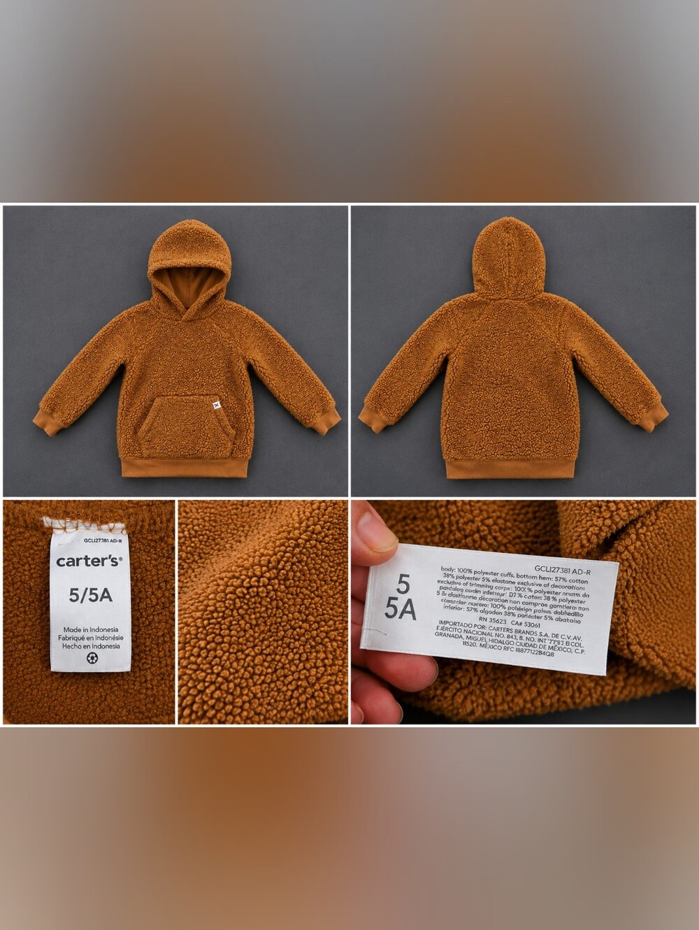 Carter’s Sherpa Fleece-Lined Pullover Hoodie | Brown | Size 5/5A